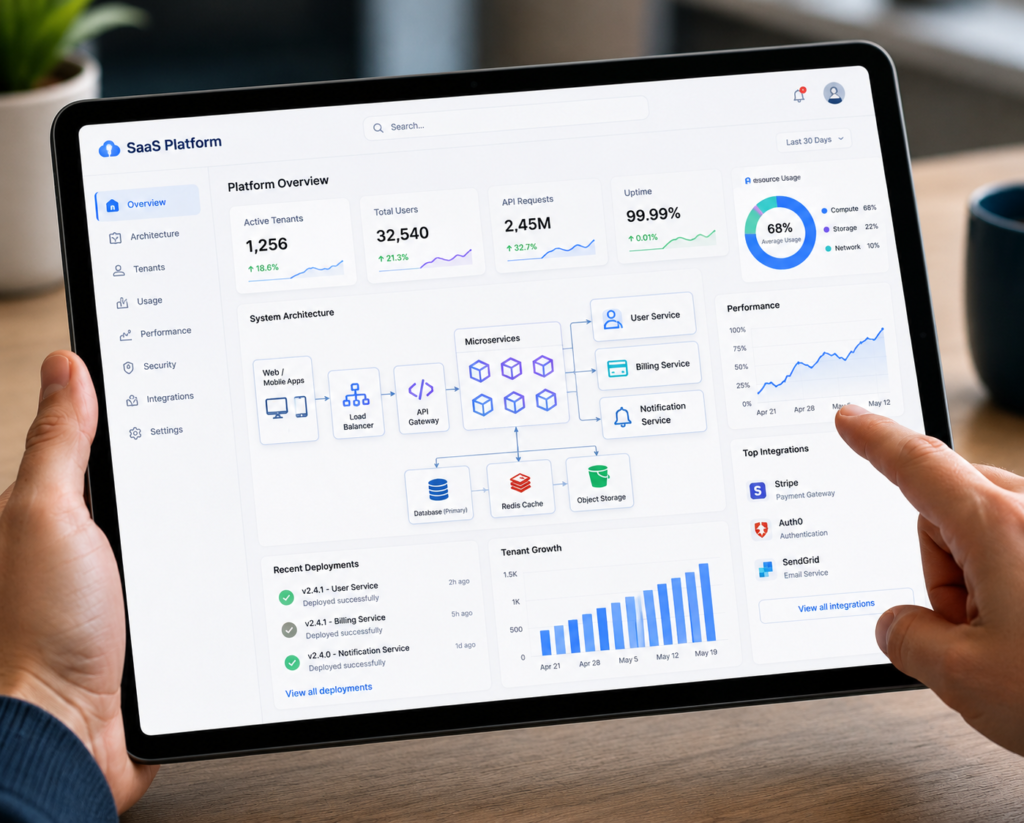 Scalable SaaS platform development with cloud architecture, APIs, microservices, and performance monitoring