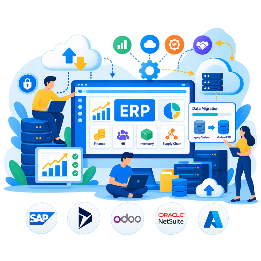ERP development and migration services with cloud integration, data migration, finance, HR, inventory, and supply chain solutions