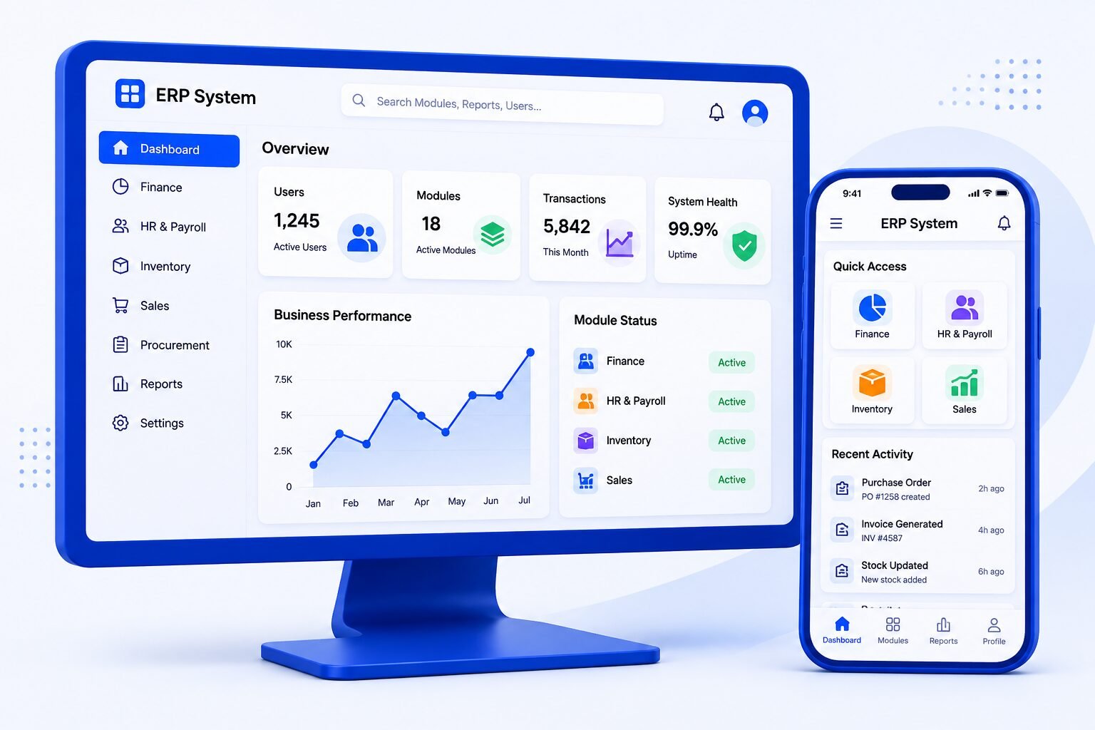 Modern ERP system dashboard displayed on desktop and mobile devices